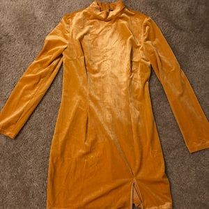 Mock Neck Slit Hem Ribbed Velvet Dress